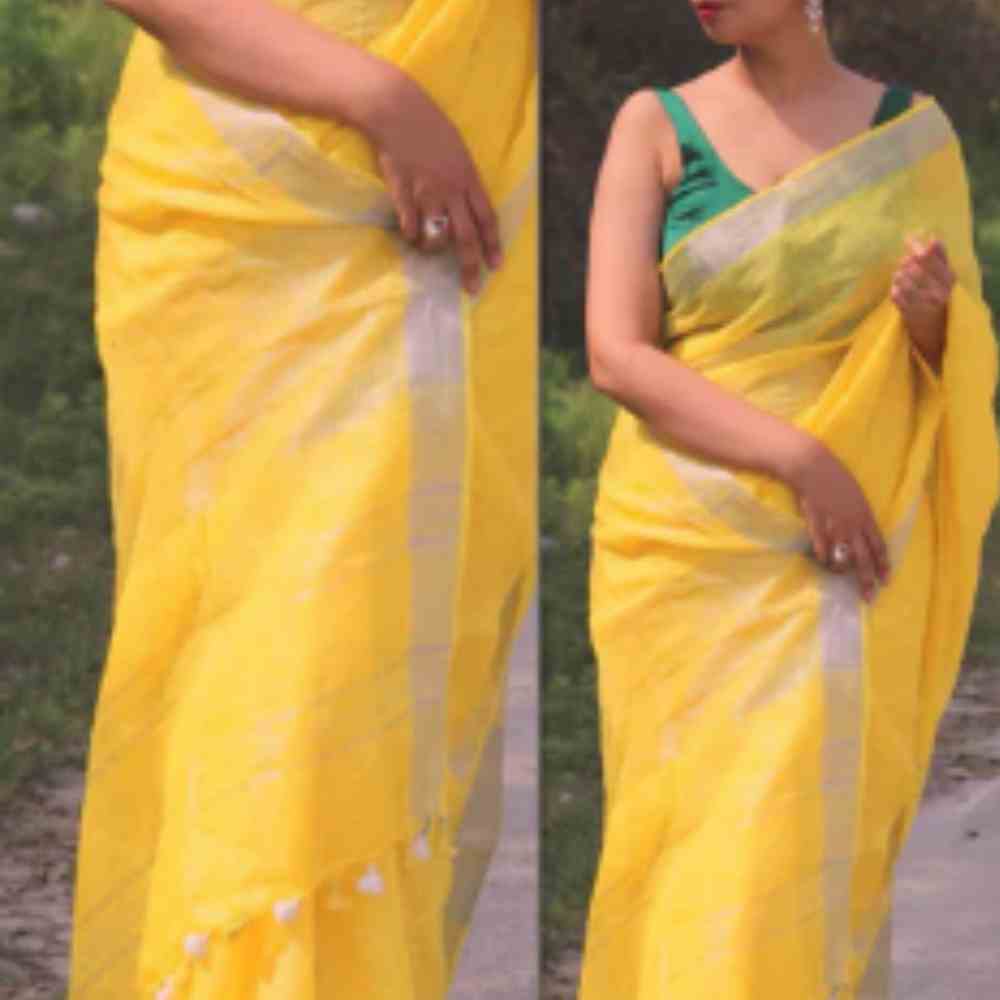 Pure Handloom Linen Yellow Saree